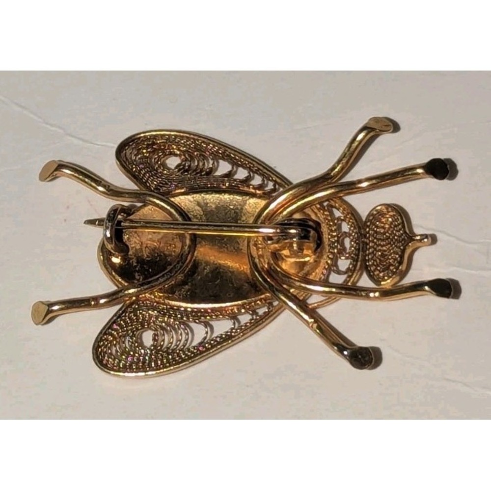 Vintage Damascene Insect Fly Bug Black & Gold Toned Filigree Brooch Pin Bird - Picture 4 of 5